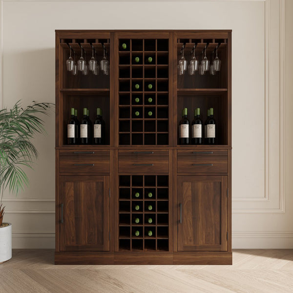 English Elm brown walnut modular wine bar cabinet with hutch, buffet storage, drawer & shelf for dining room W331P213375