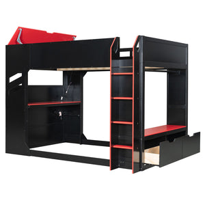 English Elm Full Size Loft Bed with Rgb Lighting Desk Drawers Hanging Rod Teen Bedroom Red LT000288AAJ-1
