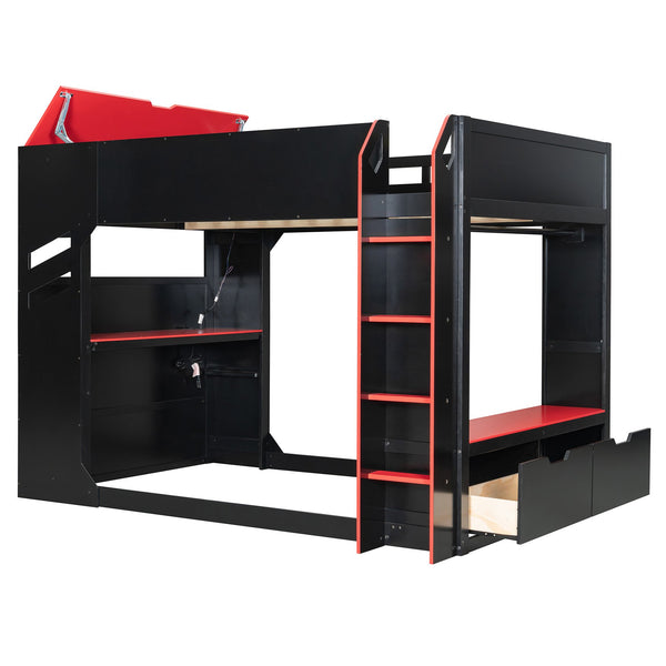 English Elm Full Size Loft Bed with Rgb Lighting Desk Drawers Hanging Rod Teen Bedroom Red LT000288AAJ-1