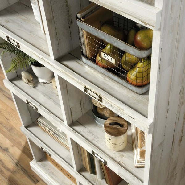 English Elm Tall Bookcase with Labelled Cubby Slots, White Engineered Wood, Dual-Sided Back, Sturdy 35.6"x13.5"x75" Storage Elegance B356P402640