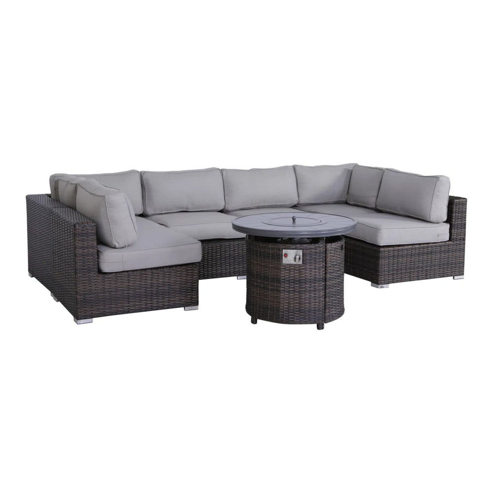 English Elm 4 Person Wicker Outdoor Lounge Set with Fire Pit, 7-Piece HDPE Wicker Sectional, 14 Cushions, Weatherproof Comfort B120S00083