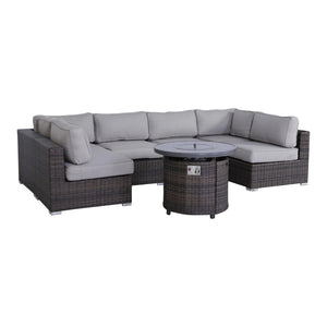 English Elm 4 Person Wicker Outdoor Lounge Set with Fire Pit, 7-Piece HDPE Wicker Sectional, 14 Cushions, Weatherproof Comfort B120S00083