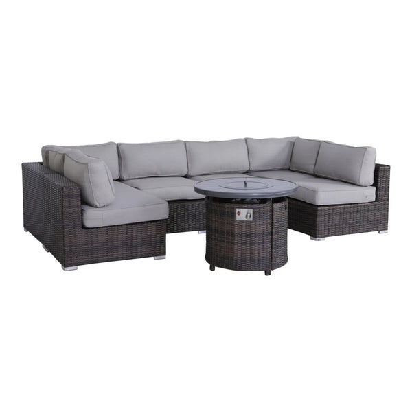 English Elm 4 Person Wicker Outdoor Lounge Set with Fire Pit, 7-Piece HDPE Wicker Sectional, 14 Cushions, Weatherproof Comfort B120S00083