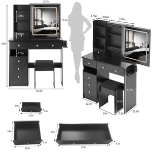 English Elm 37" Vanity Table Set with Led Mirror Stool Built-in Outlets and Hair Dryer Storage Black W3258P448840
