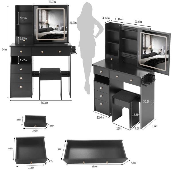 English Elm 37" Vanity Table Set with Led Mirror Stool Built-in Outlets and Hair Dryer Storage Black W3258P448840