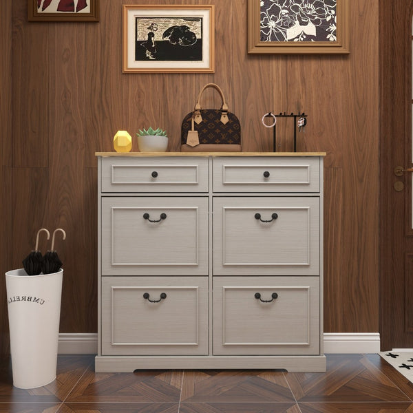 English Elm Shoe Storage Cabinet - Stylish Antique White Organizer With 4 Flip Drawers & Adjustable Shelf For Entryway W1120P290633-GIGA