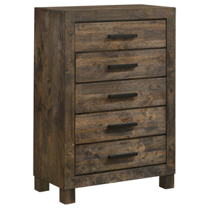 English Elm Greely Rustic Golden Brown 5-Piece Storage Bedroom Set — Eastern King Bed, Dresser, Chest, Nightstand, Mirror, Farmhouse Style B062S01004