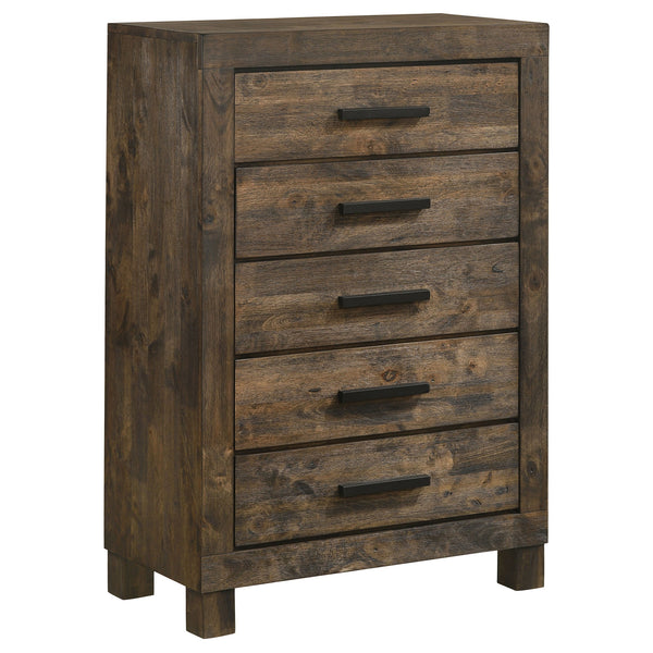 English Elm Greely Rustic Golden Brown 5-Piece Storage Bedroom Set — Eastern King Bed, Dresser, Chest, Nightstand, Mirror, Farmhouse Style B062S01004