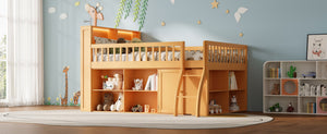 English Elm Full Size Kids Loft Bed with Led Headboard Open Shelving and Natural Wood Frame Natural N7090005024N
