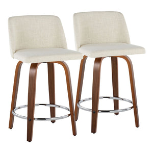 English Elm Toriano 24" Mid-Century Modern Counter Stool Set Of 2 - Swivel Walnut Wood & Cream Fabric Comfort B202S00103-GIGA