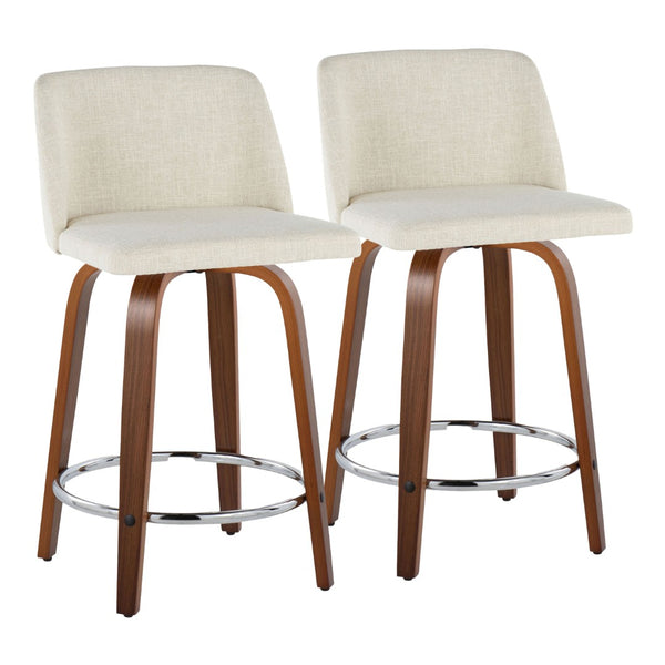 English Elm Toriano 24" Mid-Century Modern Counter Stool Set Of 2 - Swivel Walnut Wood & Cream Fabric Comfort B202S00103-GIGA
