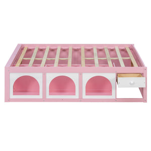 English Elm Full Size Kids Platform Bed with Led Lighting Bookshelf Display Cabinet and Storage Drawer Pink+White N820S00077H