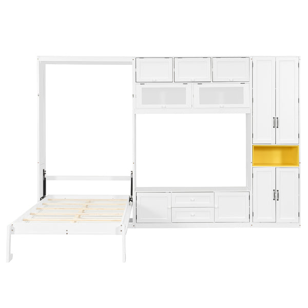 English Elm Twin Murphy Wall Bed with Integrated Tv Stand Open Shelving and Cabinet Storage LP000768AAK