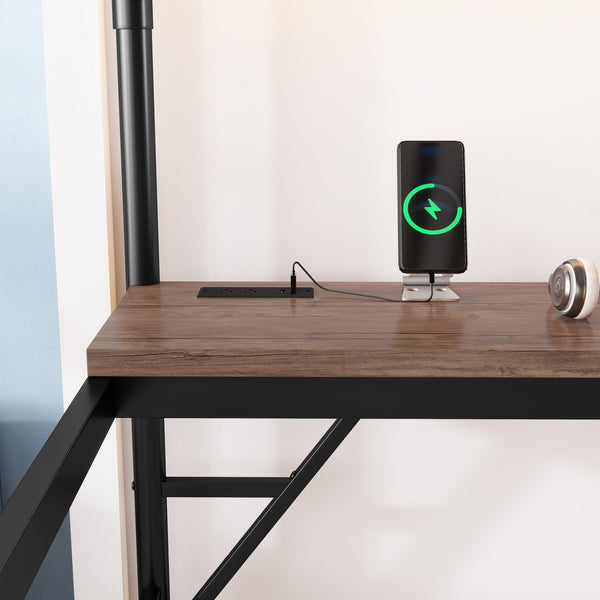 English Elm Full Size Metal Loft Bed with Desk, LED Light & Charging Station, MDF Panels, Safe Rounded Edges W2580P286695