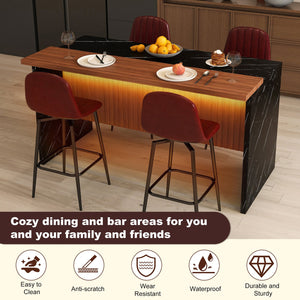 English Elm 63-Inch Modern Kitchen Island Set With 4 Bar Stools, Black Marble Surface & Led Lighting For Dining W2699S00067