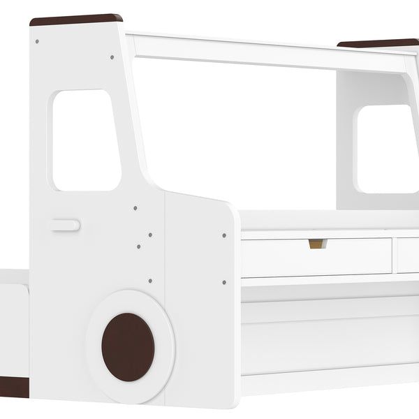 English Elm Full Size Car Shaped Kids Platform Bed with Storage Drawers Integrated Desk Pine Wood Light White W1580S00490