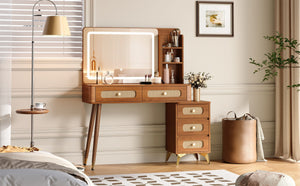 English Elm 47''Vintage Elegant Makeup Vanity with Lights and Mirror, 5-Drawer Rattan Design, Solid Wood Craftsmanship Walnut 46 L x 27 W x 8 H N733P337468M