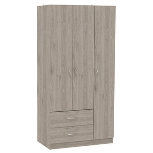 English Elm Eureka Light Oak Three Door Armoire with Rod, Four Shelves & Two Drawers — 70.8"H x 35.4"W x 18.5"D B128S00088