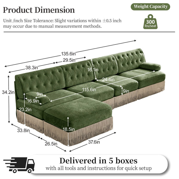English Elm 135" Chesterfield Velvet Sectional with Tufted Back Tassel Skirt and Modular Living Room Design Green W714S01713