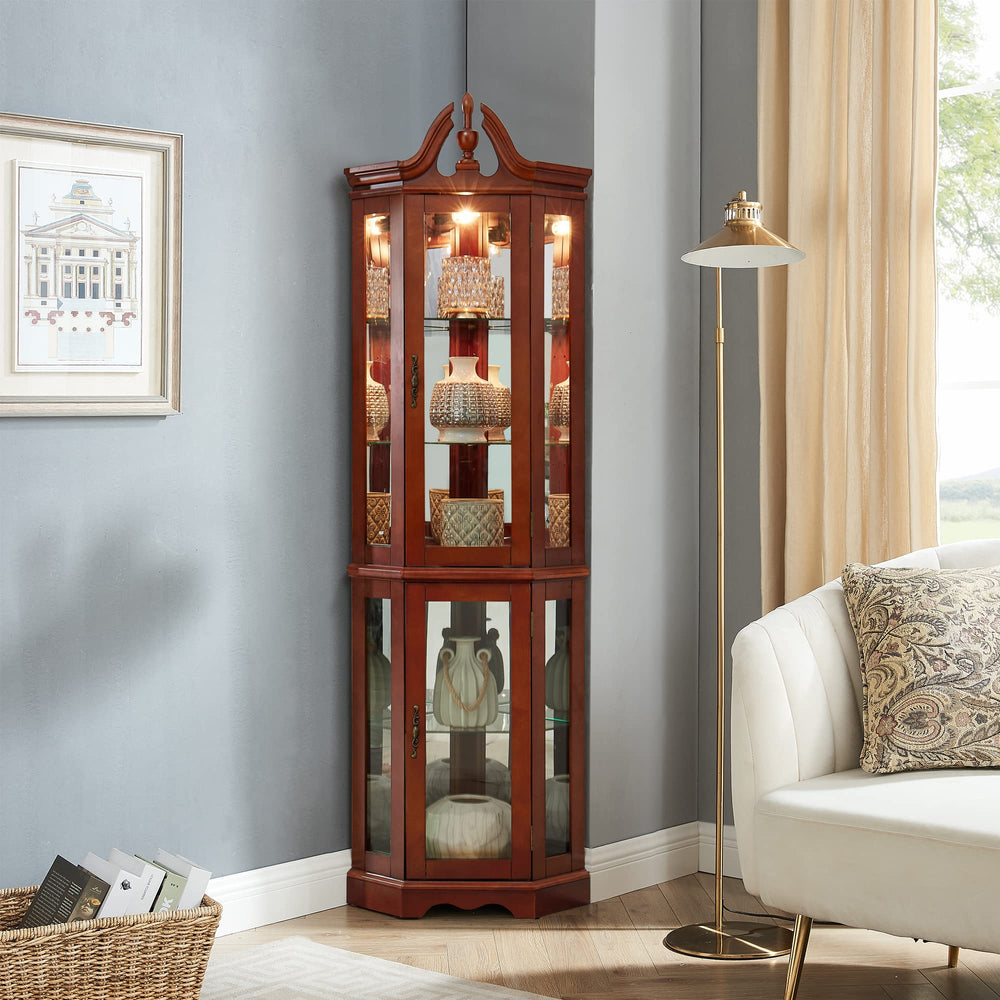 English Elm Walnut Corner Display Cabinet with Mirrored Back Lit Glass Shelves for Living Room W1693P176659