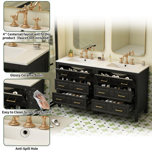 English Elm 60'' Elegant Black Bathroom Vanity Set With Ceramic Sink, 6 Drawers, Solid Wood Frame & Storage N710SS00003B