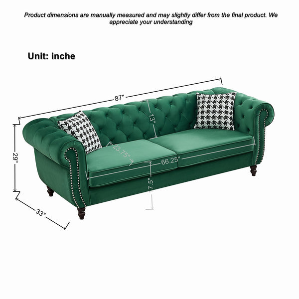 English Elm 87"Chesterfield Velvet Upholstery Sofa with Roll Armrests & Nailhead Trim, 3-Seater Luxurious Midcentury Design Green W3373S00047