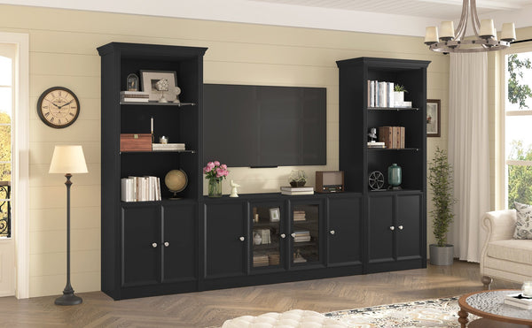 English Elm U-can Three Piece Wall Unit Built-in Media Center with Crown Molding and Tempered Glass Storage Black SJ000156AAB