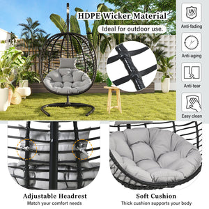 English Elm U_style Wicker Hanging Egg Chair with Stand Hdpe Cocoon Swing for Balcony Garden Black+ Gray N711P389503E