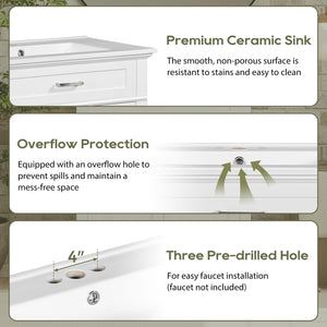English Elm 30-inch bathroom vanity with ceramic basin, solid wood frame, soft-close doors and adjustable shelves for organized style and lasting durability White N729P173380K