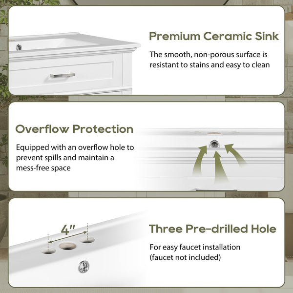 English Elm 30-inch bathroom vanity with ceramic basin, solid wood frame, soft-close doors and adjustable shelves for organized style and lasting durability White N729P173380K