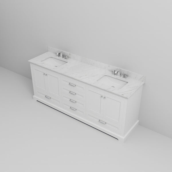 English Elm White Double Bath Vanity 80" W x 22" D with Carrara Marble Top, Soft-Close Drawers & Chrome Faucet Set B2731P258396