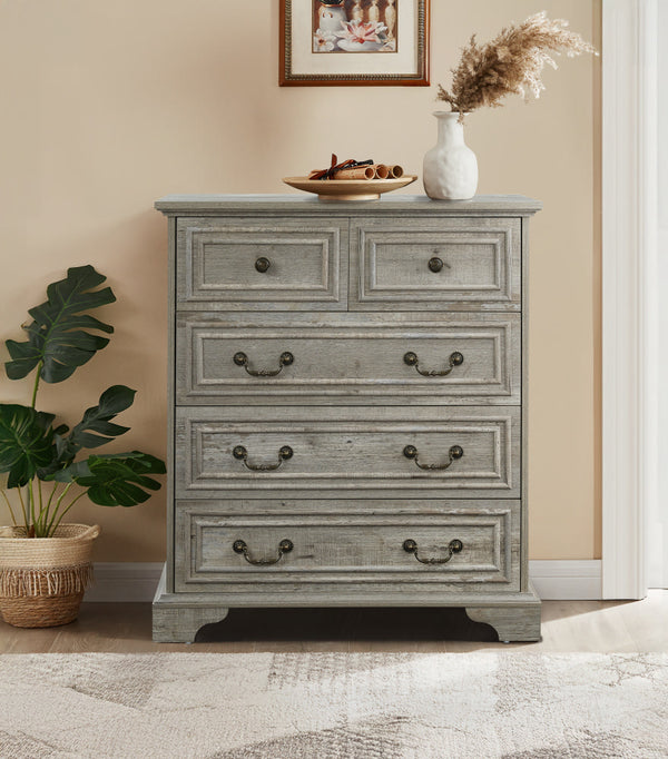 English Elm Farmhouse Rustic 5-Drawer Dresser with Stable Engineered Wood Build, Smooth Metal Slides, 36" Length W1785P238910