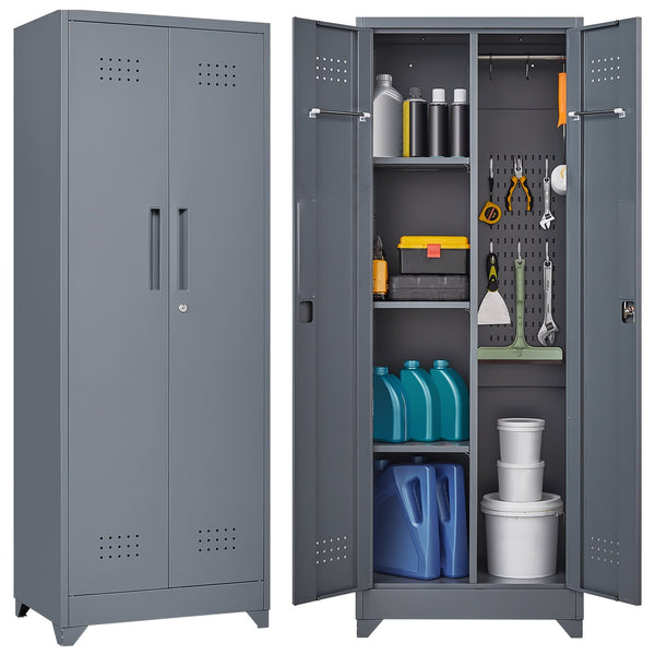 English Elm Broom and Mop Steel Utility Cabinet with Locking Doors Hanging Rod Adjustable Shelves T3625P372657