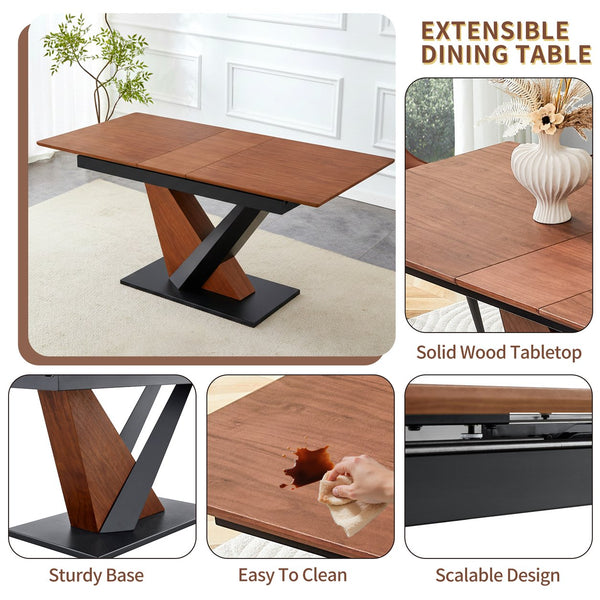 English Elm Modern Extendable Dining Table with Walnut MDF Veneer Top, Dual V-Shaped Metal Base, Sleek Durable Design Dark Walnut W3493S00007