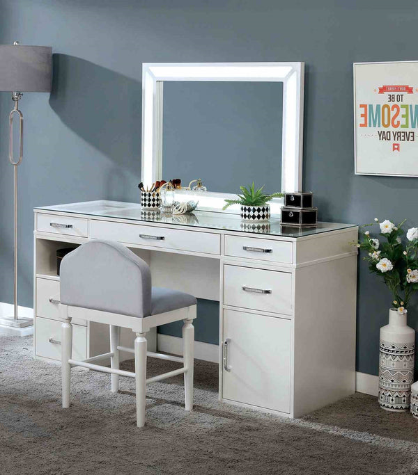 English Elm Contemporary Glam Vanity with Rhinestone Trim and Tempered Glass Top, High Gloss Finish, Illuminated Appeal White 65 L x 25 W x 11 H B2741S00676