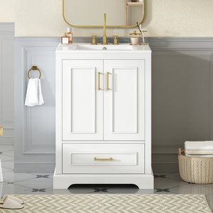 English Elm 24"Bathroom Modern Vanity with Ceramic Sink, Solid Wood Frame, Soft-Close Doors & Smart Storage System White N729P321378K