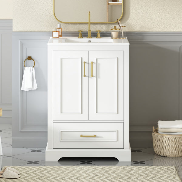 English Elm 24"Bathroom Modern Vanity with Ceramic Sink, Solid Wood Frame, Soft-Close Doors & Smart Storage System White N729P321378K