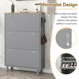 English Elm Narrow Design Tipping Bucket Shoe Cabinet With 3 Flip Drawers, Wood Grain Pattern Top Entryway Organizer With 3 Hooks, Free Standing Shoe Rack With Adjustable Panel For Hallway, Grey