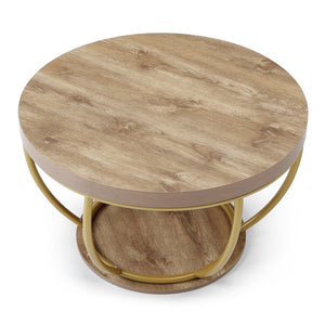 English Elm 31" Round Industrial Coffee Table Wood Grain Veneer Top Two Tier Open Shelf Living Room Golden W1117P414752