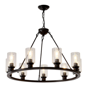 English Elm 9-light Matte Black Wagon Wheel Chandelier Seeded Glass Farmhouse Dining Room W5008P390906