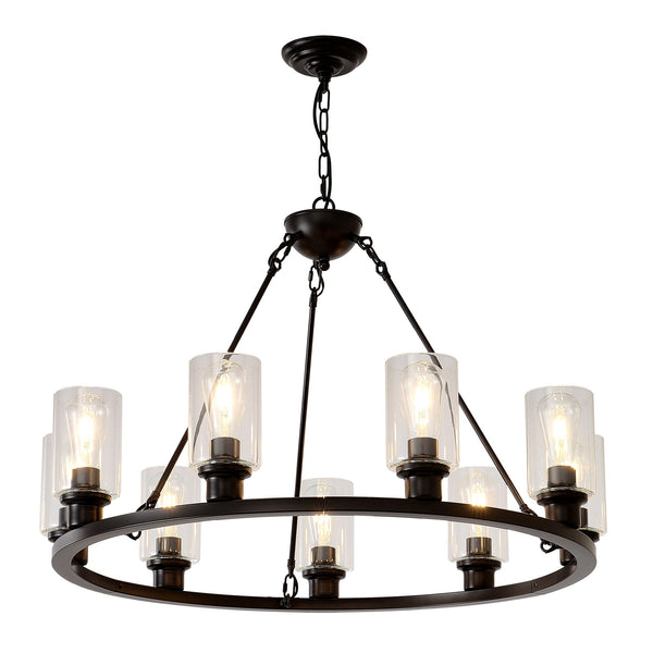 English Elm 9-light Matte Black Wagon Wheel Chandelier Seeded Glass Farmhouse Dining Room W5008P390906