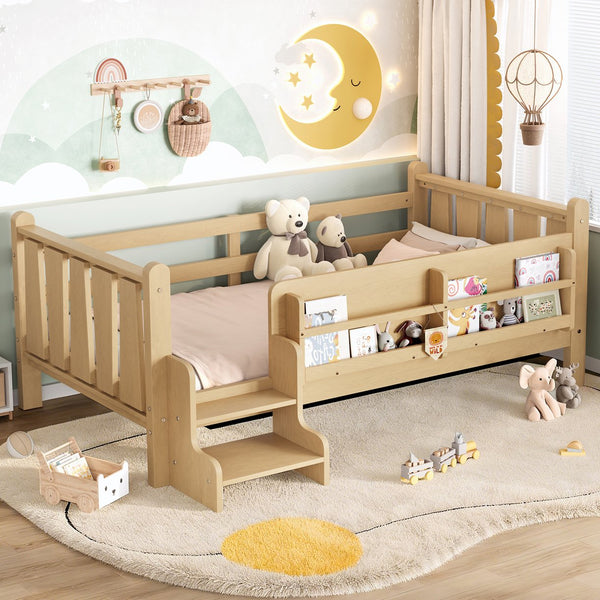 English Elm Twin Pine Floor Bed with Guardrails Built-in Bookcases and Stair Steps for Kids W1580P430184