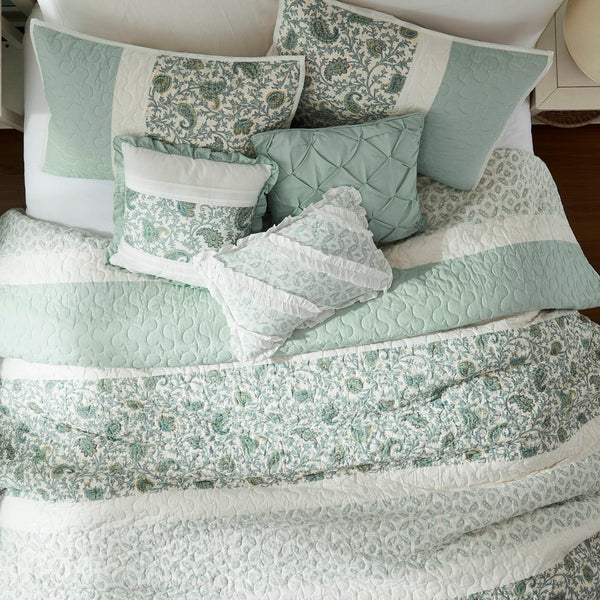 English Elm 6 Madison Park Dawn Cotton Percale Reversible Quilt Set with Paisley Pintuck, Lace Trim, Pillows, Full/Queen Aqua 17.72 L x 22.83 W x 7.09 H B035129023