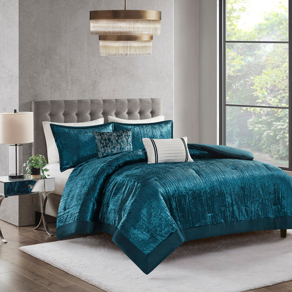 JLA Home Madison Park - 5 Piece Crinkle Velvet Comforter Set Luxury Hotel-Inspired Texture, Hypoallergenic Plush Fill, Chic Embroidery Teal MP10-8349
