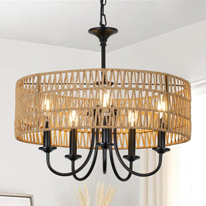 English Elm Modern 5-Light Rattan Chandelier Pendant Light, Hand-Woven Wicker Shade, Adjustable Farmhouse Glow W2738P185434