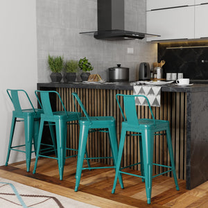 English Elm Keeley 24-Inch Metal Counter Stool Set of 4 with Curved Back, Footrest & Durable Powder-Coat Finish Teal Blue B2732P253604