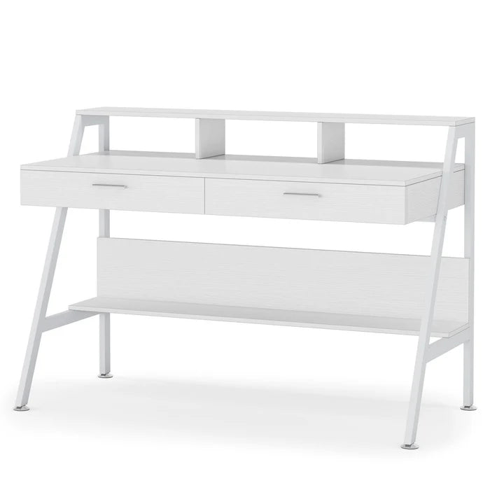 English Elm Office Writing Desk with Monitor Riser Two Drawers and Open Shelf for Home Workspace T3971P446380