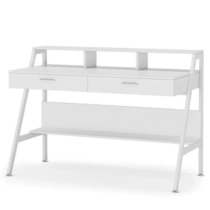 English Elm Office Writing Desk with Monitor Riser Two Drawers and Open Shelf for Home Workspace T3971P446380