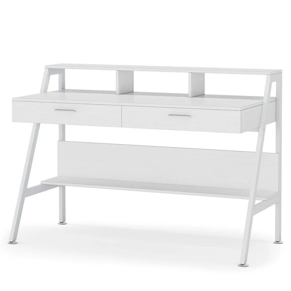 English Elm Office Writing Desk with Monitor Riser Two Drawers and Open Shelf for Home Workspace T3971P446380