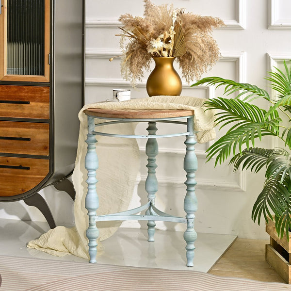 English Elm Easy Assembly Round Carved Wood End Table Rustic Distressed Finish for Living Room W3933P379165